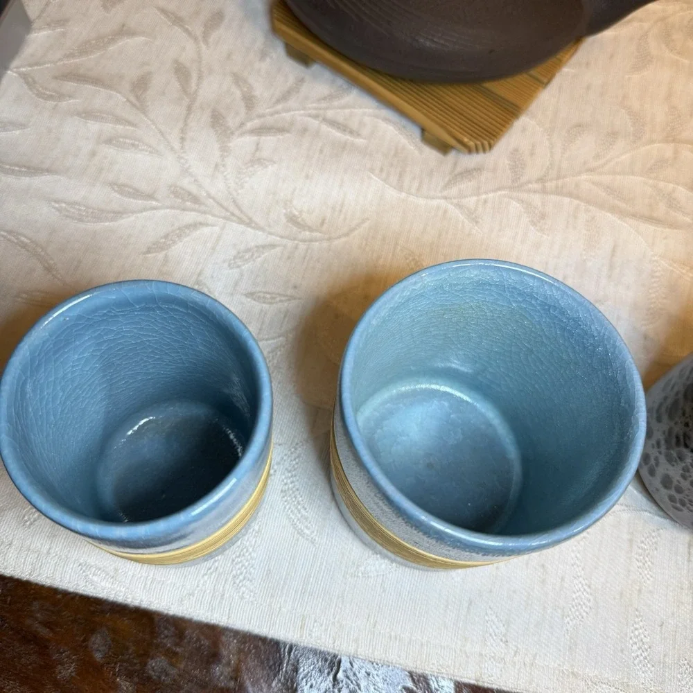 Vtg Tea Cups Crackled Pottery Blue and‎ Bamboo Wrapped. Sake Or Tea. Set of 2